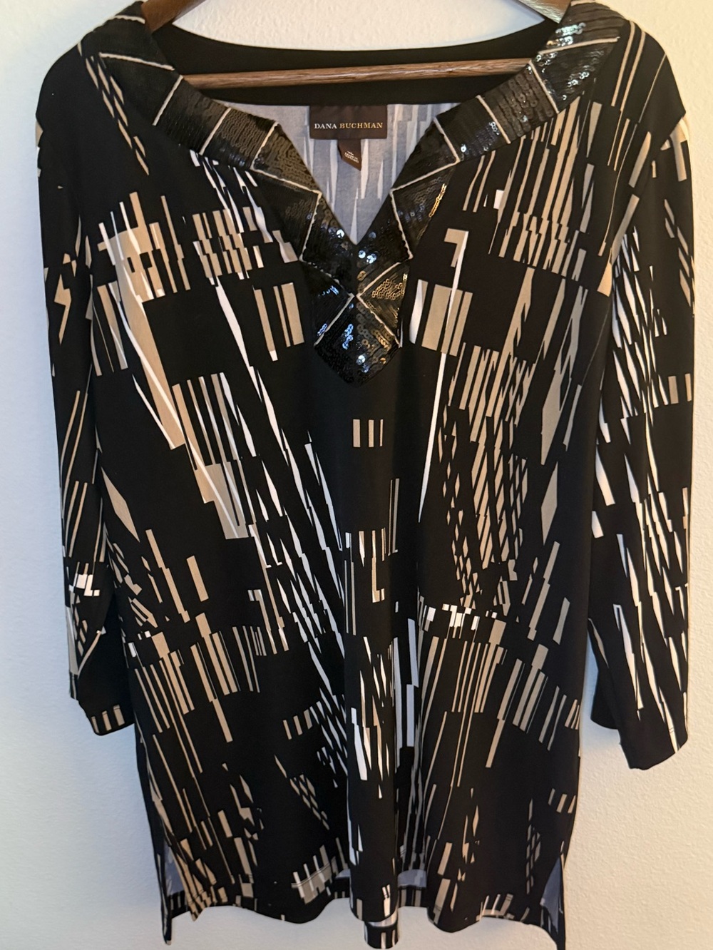 Dana Buchman Black & Cream Geometric Sequin-Trim V-Neck Tunic